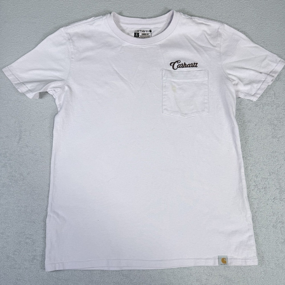 Carhartt Logo Shirt Womens Small Pink Loose Fit Pocket Crewneck Tee Work Top